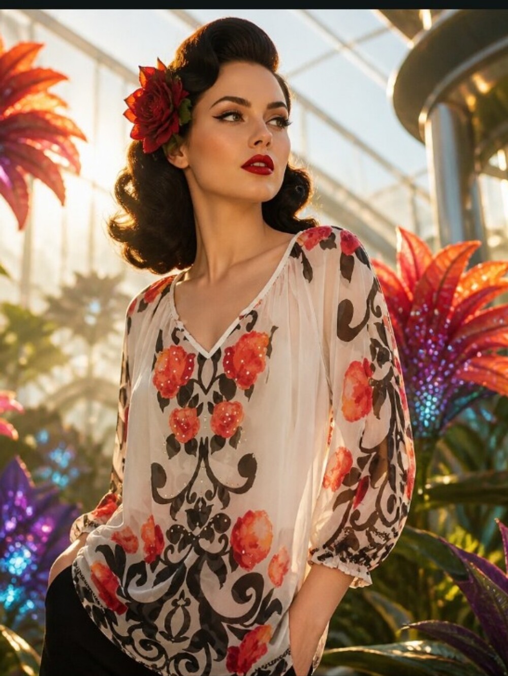 JM Collection Sheer Cream V-Neck Blouse with Red Floral and Black Scrolls